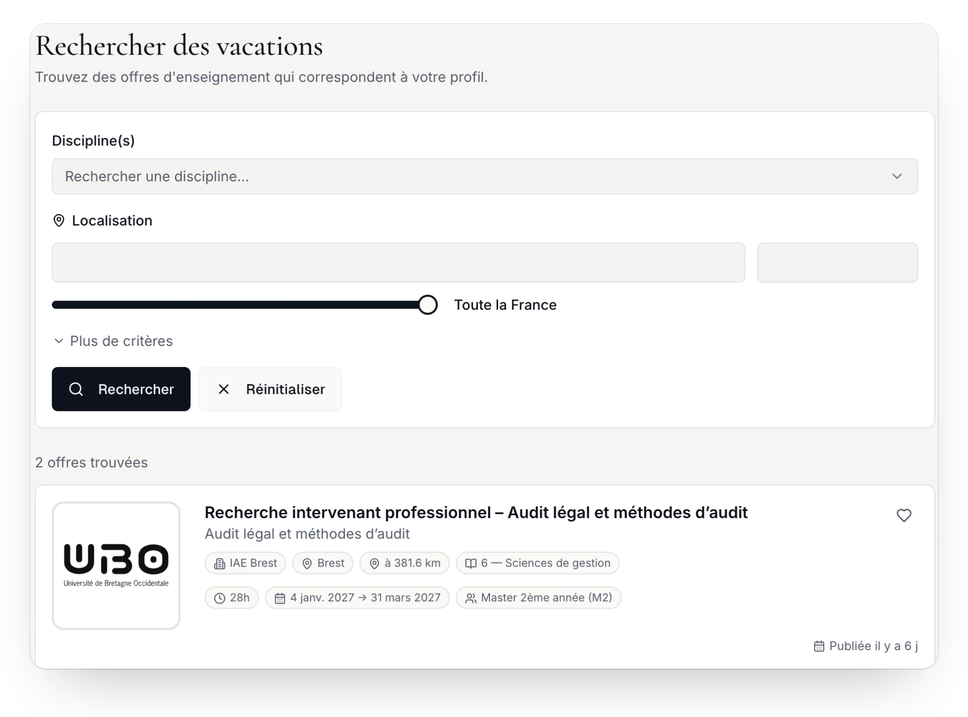 Recherche de missions de vacation sur Rézo