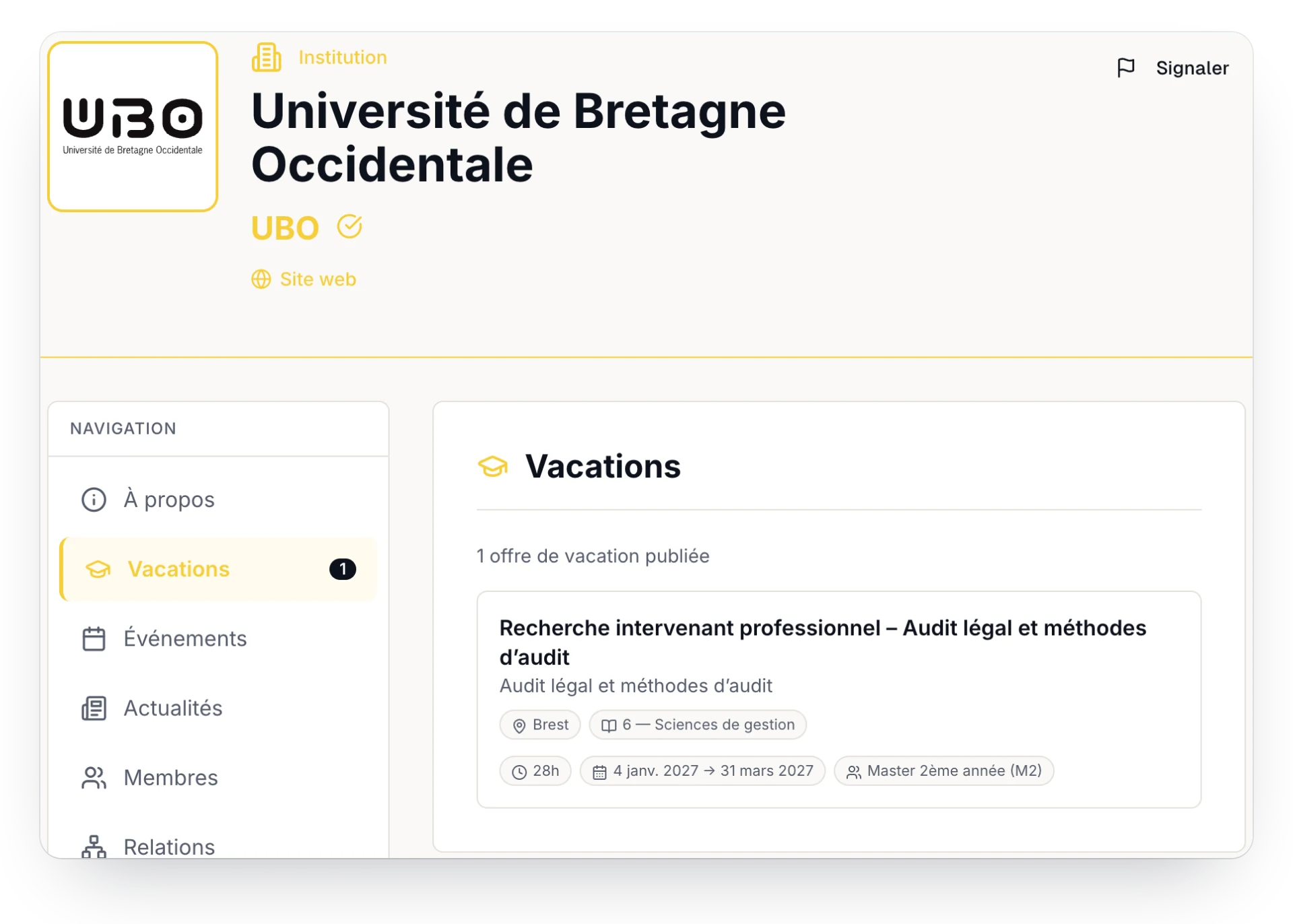 Page d'établissement sur Rézo avec ses missions de vacation