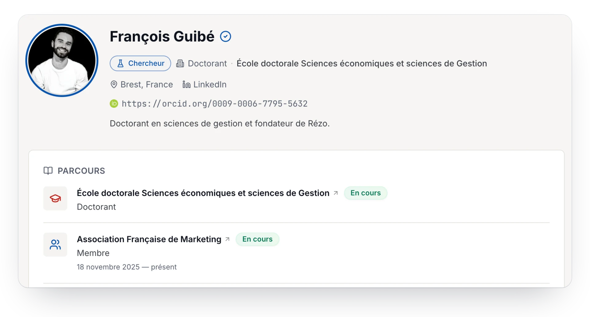 Profil vérifié sur Rézo : parcours, disciplines, ORCID