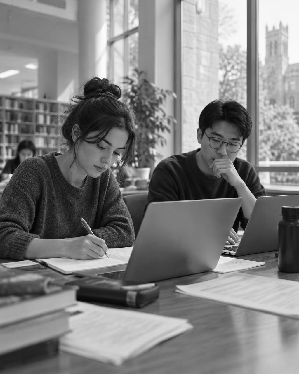 Deux étudiants en master travaillant sur leur projet de recherche